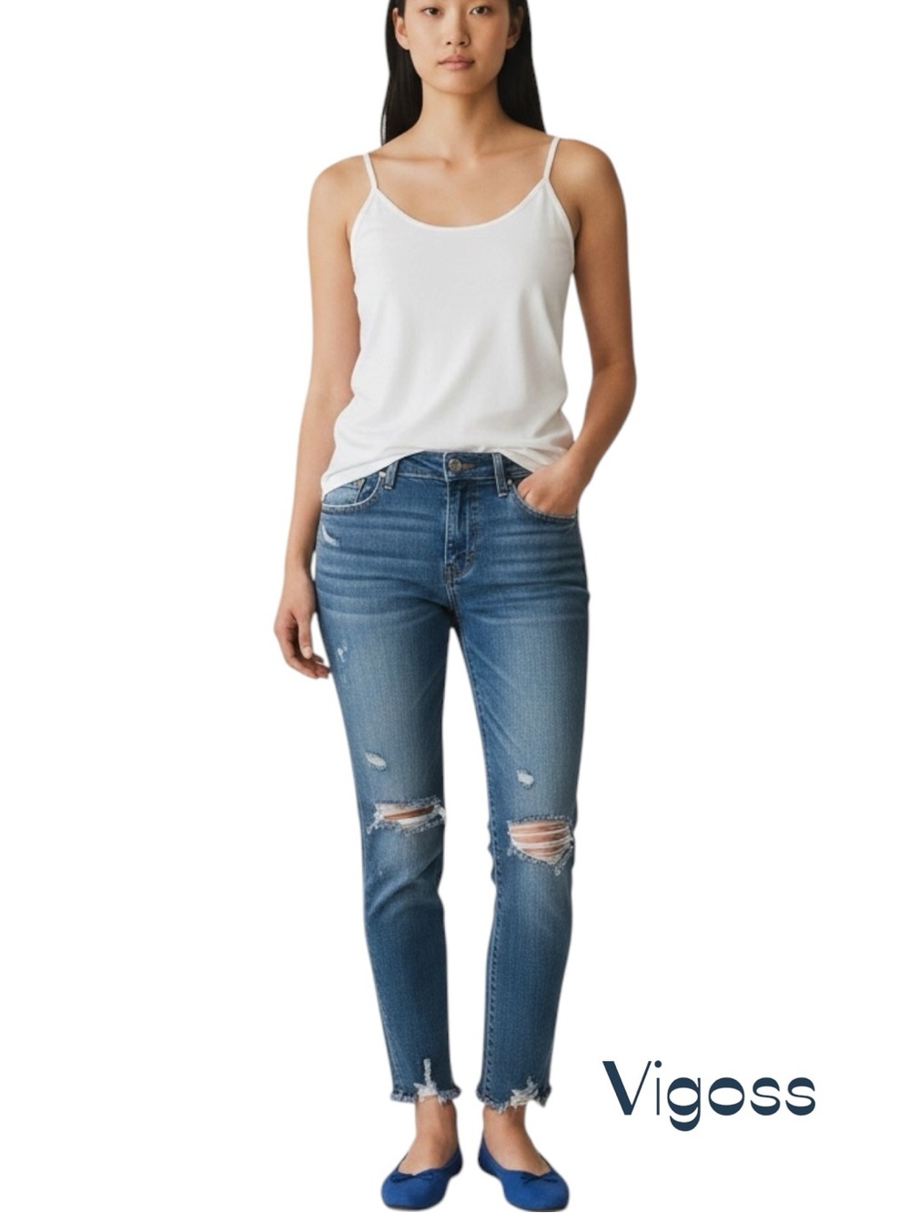 Vigoss Mid Rise Factory Distressed Slim Leg Ankle Festival Blue Jeans Size 28